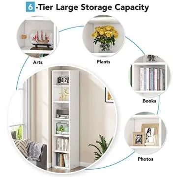 LITTLE TREE 70.9 Inch Tall Narrow Bookcase, Corner Bookshelf 6 Tier Cube Display Shelf Storage Organizer for Small Space, White