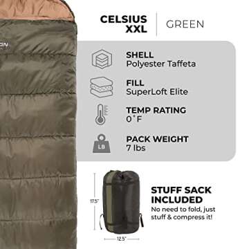 TETON Sports Celsius XXL 0 Degree Sleeping Bag - 0˚F Cold-Weather Sleeping Bag for Adults– Camping Made Easy….and Warm. Compression Sack Included