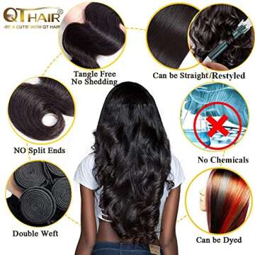 QTHAIR 16A Grade Brazilian Virgin Body Wave Hair (12 14 16,300g/10.5OZ,Natural Black)