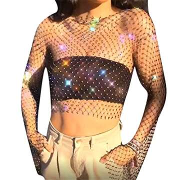 RARITYUS Women Sexy Shiny Diamonds Mesh Crop Top Blouse Hollow Out Long Sleeve Beach Cover up for Ra...