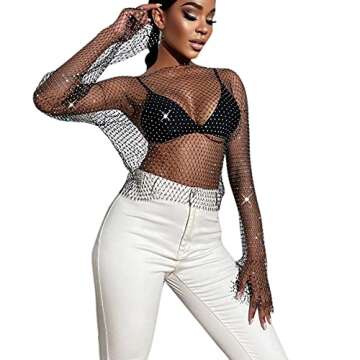 RARITYUS Women Sexy Shiny Diamonds Mesh Crop Top Blouse Hollow Out Long Sleeve Beach Cover up for Rave Festival Clubwear Black