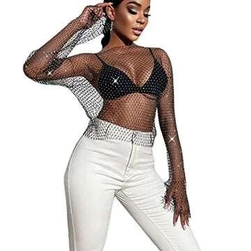 RARITYUS Women Sexy Shiny Diamonds Mesh Crop Top Blouse Hollow Out Long Sleeve Beach Cover up for Rave Festival Clubwear Black