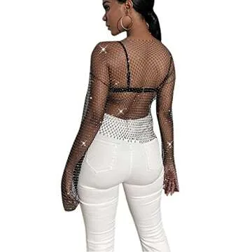 RARITYUS Women Sexy Shiny Diamonds Mesh Crop Top Blouse Hollow Out Long Sleeve Beach Cover up for Rave Festival Clubwear Black