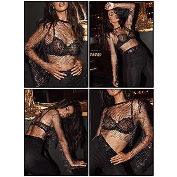 RARITYUS Women Sexy Shiny Diamonds Mesh Crop Top Blouse Hollow Out Long Sleeve Beach Cover up for Rave Festival Clubwear Black