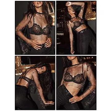 RARITYUS Women Sexy Shiny Diamonds Mesh Crop Top Blouse Hollow Out Long Sleeve Beach Cover up for Rave Festival Clubwear Black