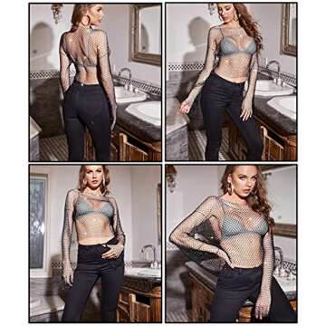 RARITYUS Women Sexy Shiny Diamonds Mesh Crop Top Blouse Hollow Out Long Sleeve Beach Cover up for Rave Festival Clubwear Black