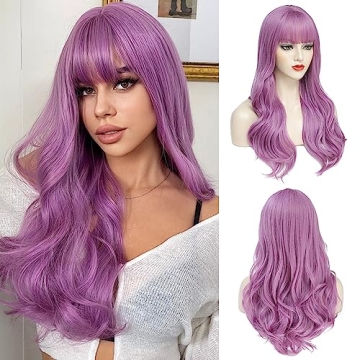 AISI QUEENS Long Purple Wigs for Women - 26 inch Lavender Wig with Bangs for Cosplay and Parties