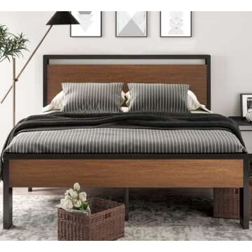 SHA CERLIN 14 Inch Queen Size Metal Platform Bed Frame with Wooden Headboard and Footboard, Mattress Foundation, No Box Spring Needed, Large Under Bed Storage, Non-Slip Without Noise, Walnut