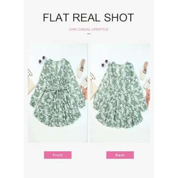 Dokotoo Womens Ladies Casual Summer Spring Ruffle Elegant Floral Long Sleeve Tie Knot V Neck Cute Chiffon Boho Beach Vacation Tunic Swing A Line Mini Short Skater Dresses for Women 2024 Green M