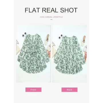 Dokotoo Womens Ladies Casual Summer Spring Ruffle Elegant Floral Long Sleeve Tie Knot V Neck Cute Chiffon Boho Beach Vacation Tunic Swing A Line Mini Short Skater Dresses for Women 2024 Green M