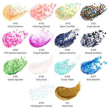 ARTEZA Glitter Acrylic Paint, 14 Iridescent Colors, 2 fl oz Bottles, Transparent Base, Iridescent Pa...