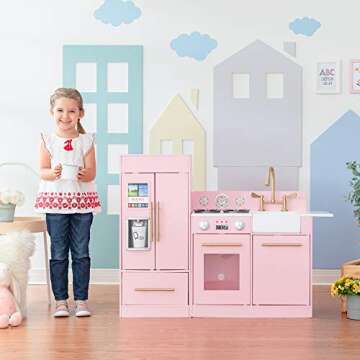 Teamson Kids Little Chef Charlotte 2-Piece Modular Wooden Play Kitchen with Icemaker and Ample Storage, Pink with Gold Hardware