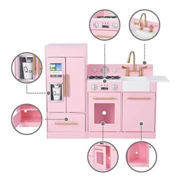 Teamson Kids Little Chef Charlotte 2-Piece Modular Wooden Play Kitchen with Icemaker and Ample Storage, Pink with Gold Hardware