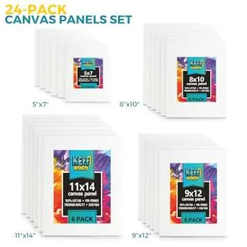 KEFF 24-Pack Bulk Canvas for Painting, 6 of 5x7, 8x10, 9x12, 11x14 Canvas Boards for Painting, Art S...