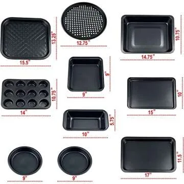 Perlli Baking Pan 10 Piece Set Nonstick Carbon Steel Gray Oven Bakeware Kitchen Set, 2 Cookie Sheets, 2 Round Cake Pans, Square Pan, Roasting Pan, Loaf Pan, Crisp Pan, Pizza Crisper, & Muffin Pan