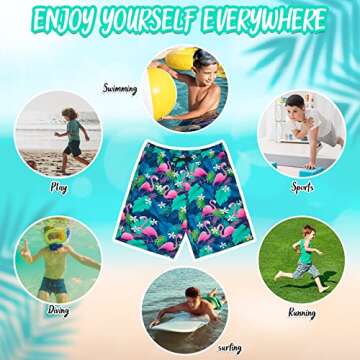 OlyPegic Boys Swim Trunks Size 10-12, Boy Swim Shorts Boy Bathing Suit Swimsuit Kids Swimwear Board Shorts with Boxer Brief Liner Compression Toddler Beach Running Swim Trunks (Flamingo)