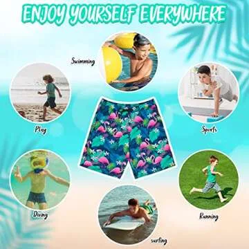 OlyPegic Boys Swim Trunks Size 10-12, Boy Swim Shorts Boy Bathing Suit Swimsuit Kids Swimwear Board Shorts with Boxer Brief Liner Compression Toddler Beach Running Swim Trunks (Flamingo)