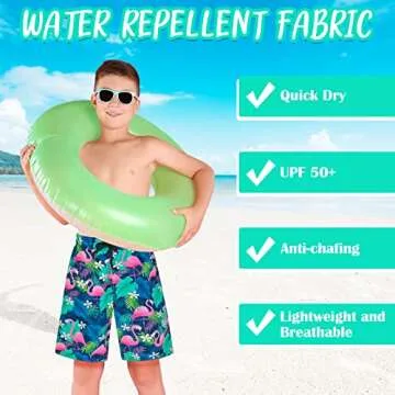 OlyPegic Boys Swim Trunks Size 10-12, Boy Swim Shorts Boy Bathing Suit Swimsuit Kids Swimwear Board Shorts with Boxer Brief Liner Compression Toddler Beach Running Swim Trunks (Flamingo)