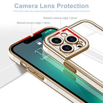 Teageo for iPhone 13 Pro Max Case Clear Cute Women Girls Glitter Pattern Plating Phone Case Silicone Full Camera Protection Shockproof Bumper Back Cover, Gold
