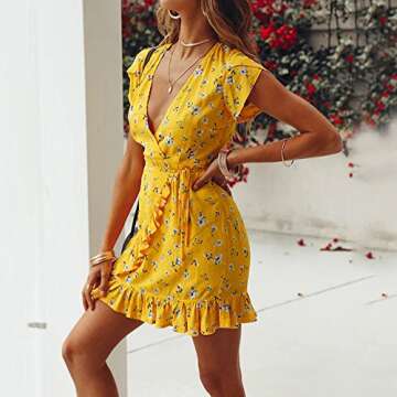 Amlaiworld Women Wrap Dress V Neck Dress Summer Beach Dress Sexy Bandage Evening Party Casual Short Mini Dress Yellow