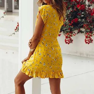 Amlaiworld Women Wrap Dress V Neck Dress Summer Beach Dress Sexy Bandage Evening Party Casual Short Mini Dress Yellow