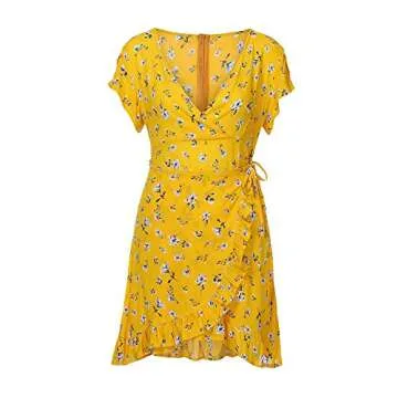 Amlaiworld Women Wrap Dress V Neck Dress Summer Beach Dress Sexy Bandage Evening Party Casual Short Mini Dress Yellow