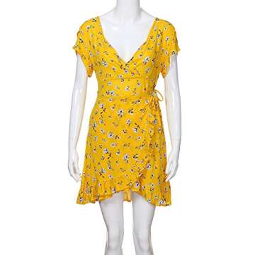 Amlaiworld Women Wrap Dress V Neck Dress Summer Beach Dress Sexy Bandage Evening Party Casual Short Mini Dress Yellow