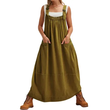 Yeokou Women's Cotton Overall Midi & Maxi Dress with Pockets
