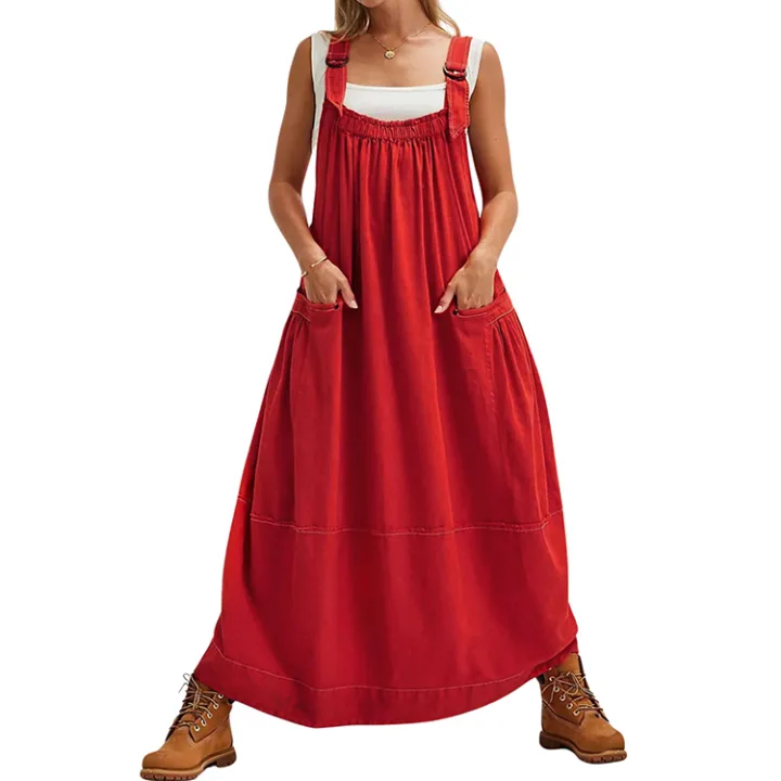 Yeokou Women's Cotton Overall Midi & Maxi Dress with Pockets