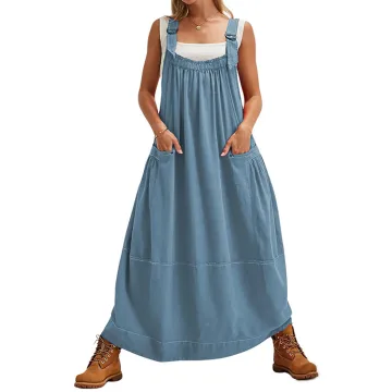 Yeokou Women's Cotton Overall Midi & Maxi Dress with Pockets