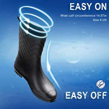 Petrass Women Rain Boots Black Waterproof Mid Calf Lightweight Cute Booties Fashion Out Work Comfortable Garden Shoes, Black 8