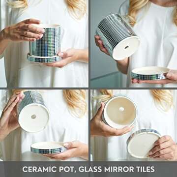 SCANDINORDICA Disco Ball Planter Pot - 4.3 inch Mirror Disco Ball Vase, Disco Planter, Ceramic Planter Pots Indoor with Drainage Hole and Saucer, Cute Desk Decor for Women | 0.2" Mirror Tiles