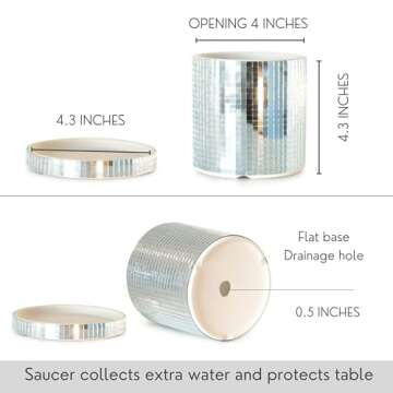 SCANDINORDICA Disco Ball Planter Pot - 4.3 inch Mirror Disco Ball Vase, Disco Planter, Ceramic Planter Pots Indoor with Drainage Hole and Saucer, Cute Desk Decor for Women | 0.2" Mirror Tiles