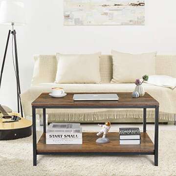 SUPER DEAL 2-Tier Industrial Coffee Table with Storage Shelf for Small Apartment Living Room, Rectan...