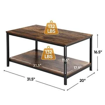 SUPER DEAL 2-Tier Industrial Coffee Table with Storage Shelf for Small Apartment Living Room, Rectangle Wood and Stable Metal TV Stand Side End Table, Rustic Brown
