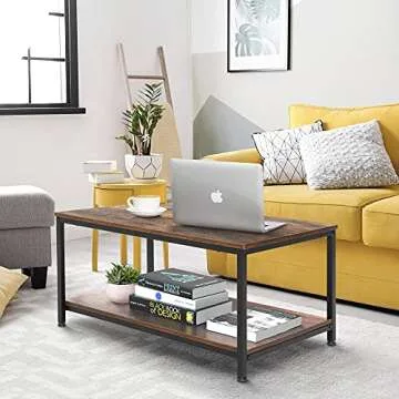 SUPER DEAL 2-Tier Industrial Coffee Table with Storage Shelf for Small Apartment Living Room, Rectangle Wood and Stable Metal TV Stand Side End Table, Rustic Brown