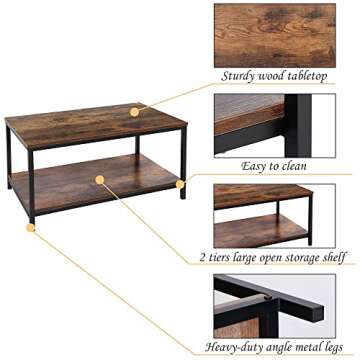 SUPER DEAL 2-Tier Industrial Coffee Table with Storage Shelf for Small Apartment Living Room, Rectangle Wood and Stable Metal TV Stand Side End Table, Rustic Brown