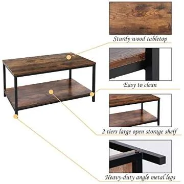 SUPER DEAL 2-Tier Industrial Coffee Table with Storage Shelf for Small Apartment Living Room, Rectangle Wood and Stable Metal TV Stand Side End Table, Rustic Brown