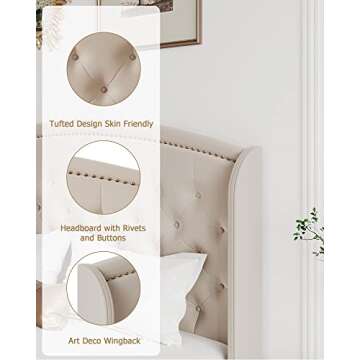 Homhougo King Size Bed Frame, Upholstered Platform Bed with Wingback Headboard, Heavy Duty Button Tufted Bed Frame with Wood Slat Support, Easy Assembly, No Box Spring Needed, Off White