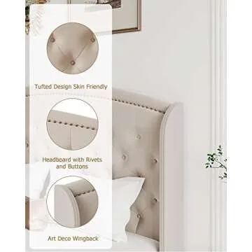 Homhougo King Size Bed Frame, Upholstered Platform Bed with Wingback Headboard, Heavy Duty Button Tufted Bed Frame with Wood Slat Support, Easy Assembly, No Box Spring Needed, Off White