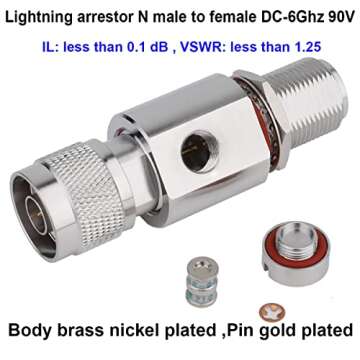 Coaxial N Type Lightning Arrestor 0 to 6 GHz (N-Male/N-Female) 50ohm,Protects 3G, 4G, LTE,GPS, 2.4GHz /5GHz Wi-Fi, 900MHz, Ham Other Outside Antennas