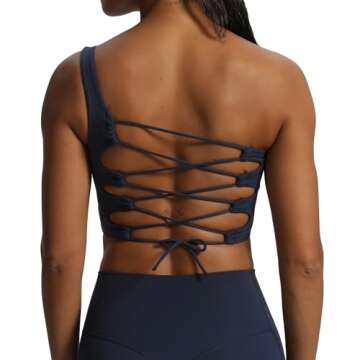 Aoxjox Women's One Shoulder Thalia Asymmetrical Tie Sports Bras Workout Crisscross Gym Yoga Crop Tank Top (Navy, X-Large)