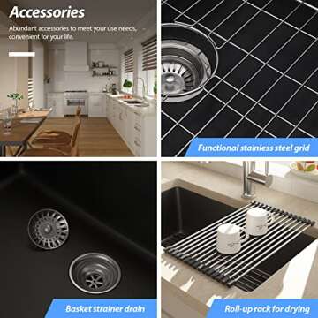 Lordear Black Kitchen Sink 33 Inch Undermount Kitchen Sinks Quartz Granite Composite Black Single Bowl Under Kitchen Sinks 33x19 Inch Easy to Clean