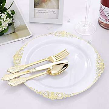 Liacere 60 Pack Gold Plastic Plates - White and Gold Disposable Plates include 30PCS 10.25inch Gold Dinner Plates, 30PCS 7.5inch Gold Dessert Plates for Party & Wedding & New Year