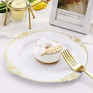 Liacere 60 Pack Gold Plastic Plates - White and Gold Disposable Plates include 30PCS 10.25inch Gold Dinner Plates, 30PCS 7.5inch Gold Dessert Plates for Party & Wedding & New Year