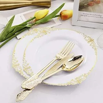 Liacere 60 Pack Gold Plastic Plates - White and Gold Disposable Plates include 30PCS 10.25inch Gold Dinner Plates, 30PCS 7.5inch Gold Dessert Plates for Party & Wedding & New Year