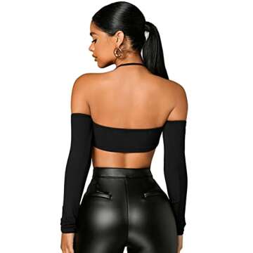 SOLY HUX Women's Off Shoulder Long Sleeve Tee Halter Backless Crop Top Pure Black S