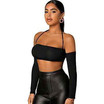 SOLY HUX Women's Off Shoulder Long Sleeve Tee Halter Backless Crop Top Pure Black S