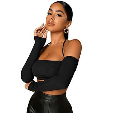 SOLY HUX Women's Off Shoulder Long Sleeve Tee Halter Backless Crop Top Pure Black S