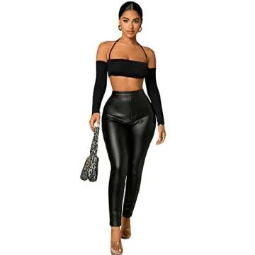 SOLY HUX Women's Off Shoulder Long Sleeve Tee Halter Backless Crop Top Pure Black S
